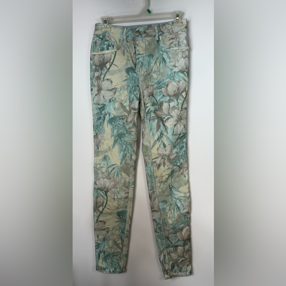 BNWT Frank Lyman Reversible Jeans Small Tropical Beige Green Floral Mid Rise
